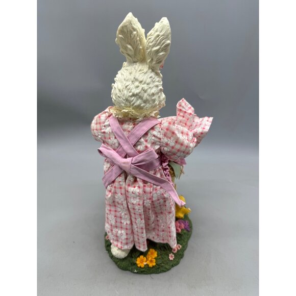 Vintage Ceramic Bunny Figurine Pink Checkered Dress Basket Flowers Chicks READ - Picture 3 of 10